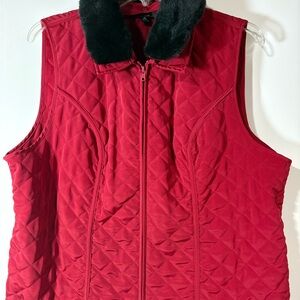 I.N. Studio Red Quilted Vest with Black Faux Fur Collar
